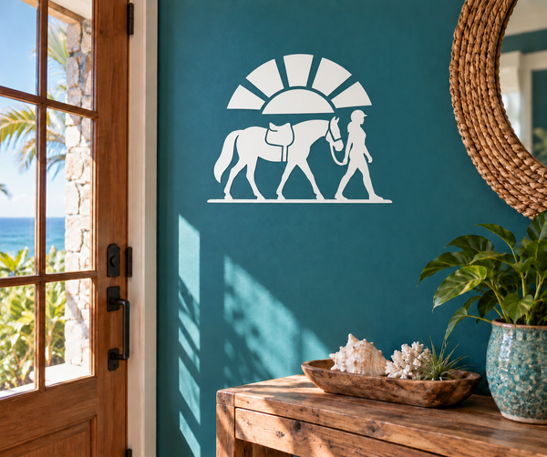 Equestrian silhouettes vinyl wall decal, white horse and rider scene