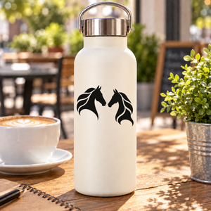 Equestrian kindred heads vinyl decal on white water bottle, two black horse heads
