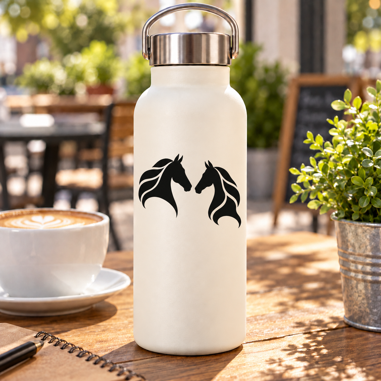 Equestrian kindred heads vinyl decal on white water bottle, two black horse heads