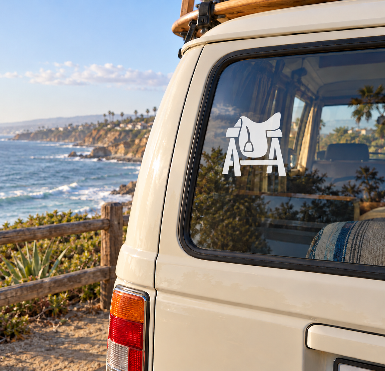 White equestrian saddle rest vinyl decal on vehicle window