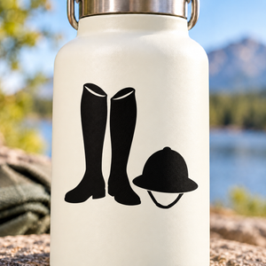Equestrian boots and helmet vinyl decal, black silhouettes on light background.