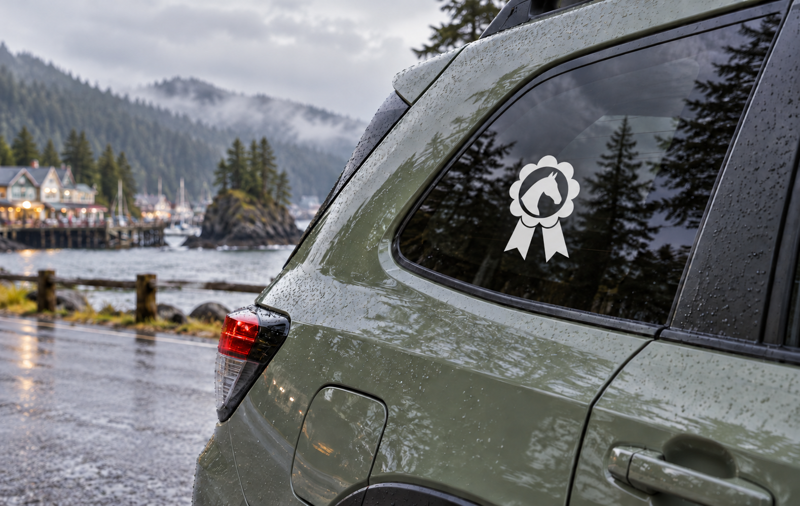 Vinyl rosette decal with black horse silhouette on white ribbon, applied to car window