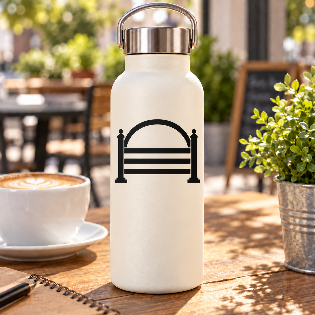 Black gate vinyl decal design with arch and horizontal bars, shown on a bottle