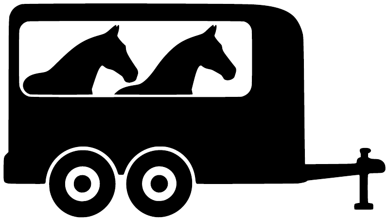 Vinyl horse trailer decal in white and black with two horses, wheels, and hitch