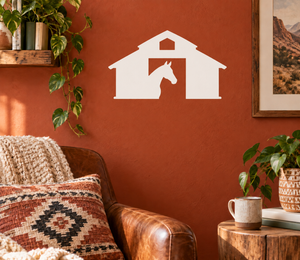Equestrian barn vinyl decal with horse silhouette and white barn outline