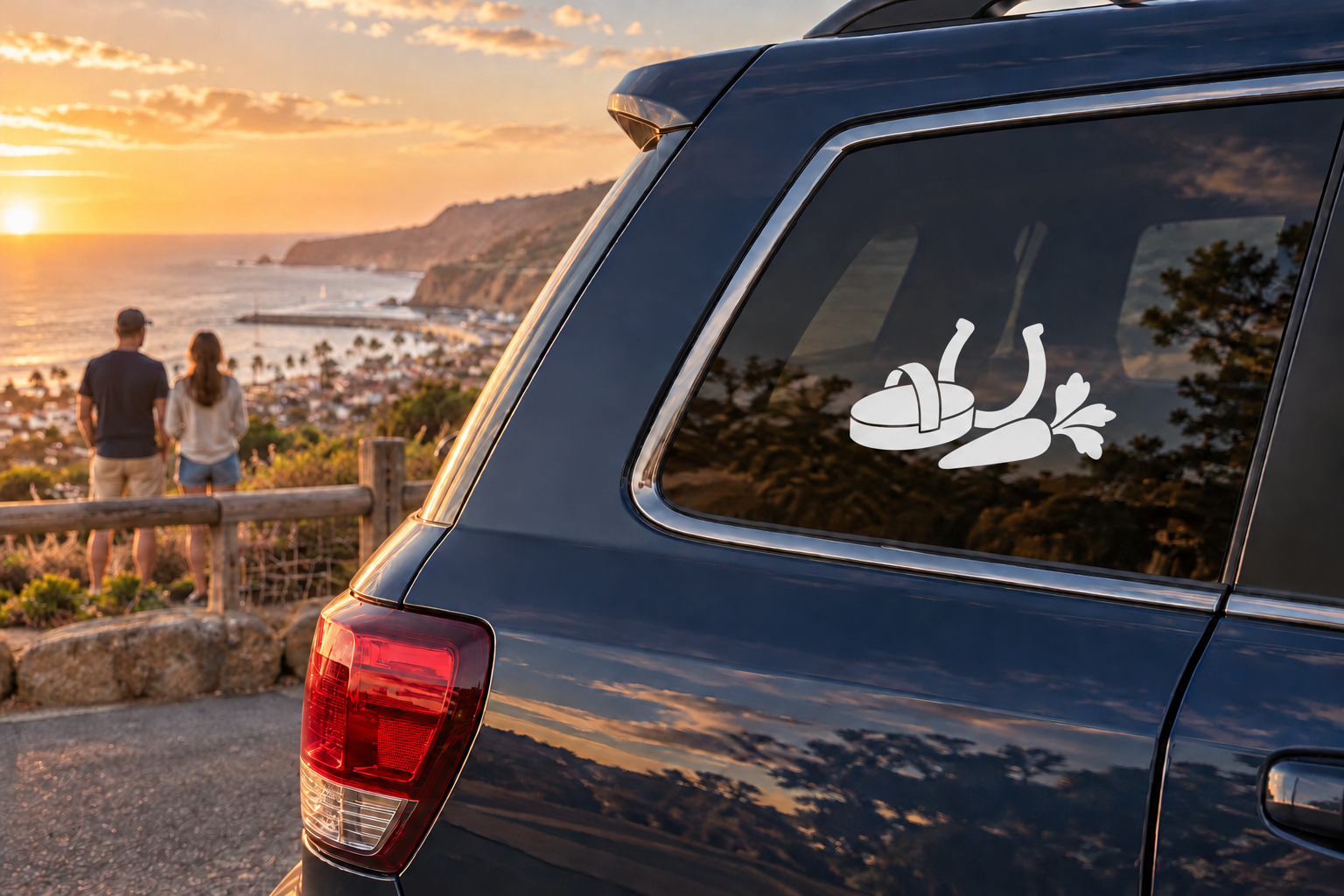 White vinyl equestrian grooming break decal on car rear window, horse and tool shapes