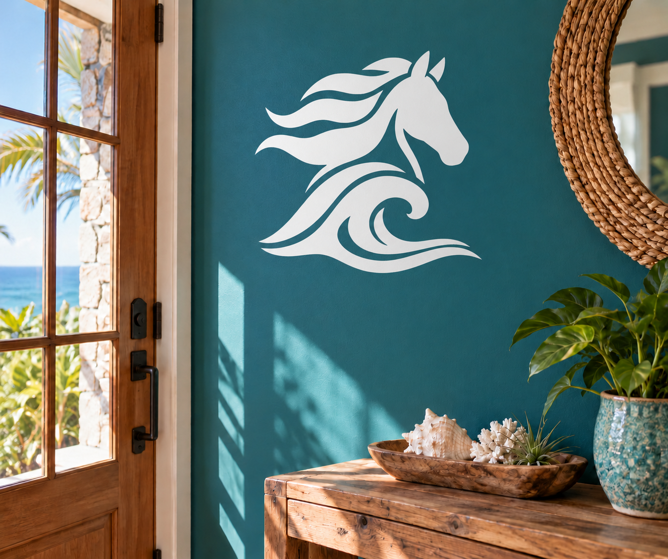 Ocean spirit horse and wave vinyl decal in white on dark teal