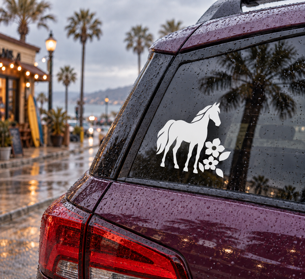 Horse and wildflower vinyl decal for car window, white horse silhouette with flowers