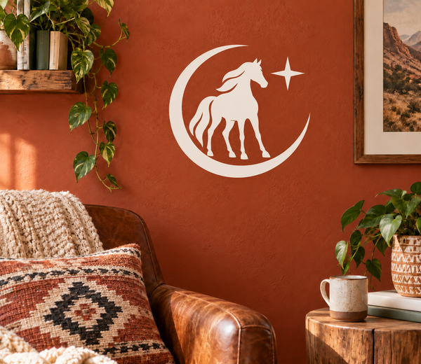 Vinyl decal of a horse silhouette in a crescent moon with a star