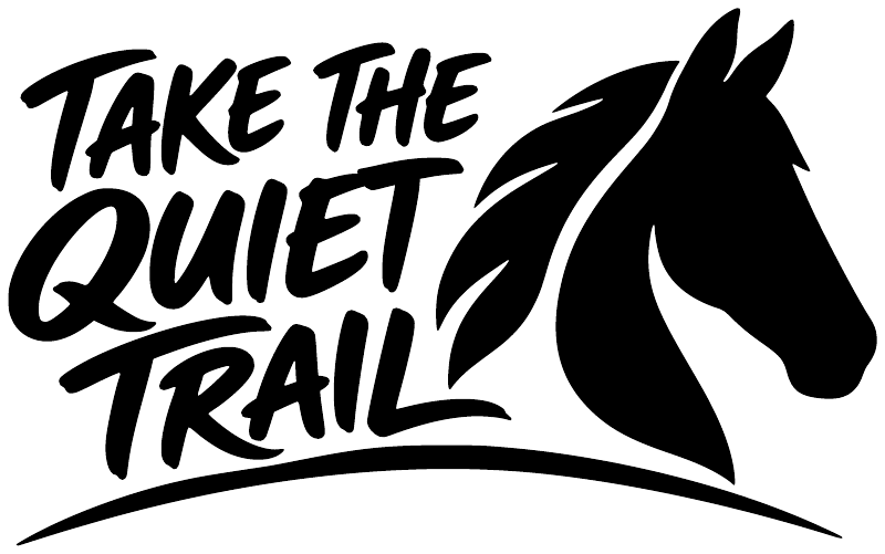 Take the Quiet Trail vinyl decal with stylized horse silhouette, black and white