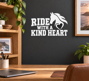 Vinyl decal: 'Ride with a Kind Heart' with horse head and heart icon.