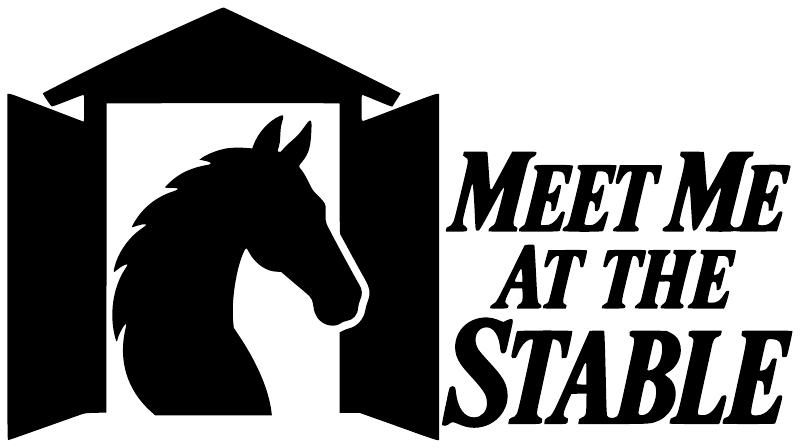 Vinyl decal with black barn, horse head, and Meet Me at the Stable lettering