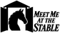 Vinyl decal with black barn, horse head, and Meet Me at the Stable lettering