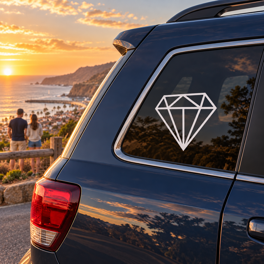 Geometric crown diamond vinyl decal with white line facets on vehicle window