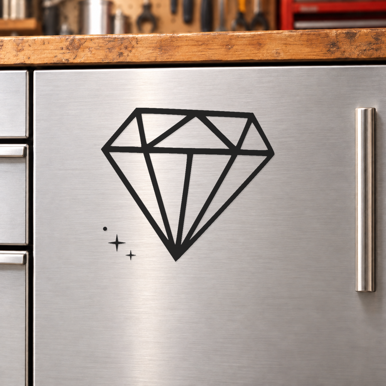 Geometric diamond outline with crown facets and spark trail symbols