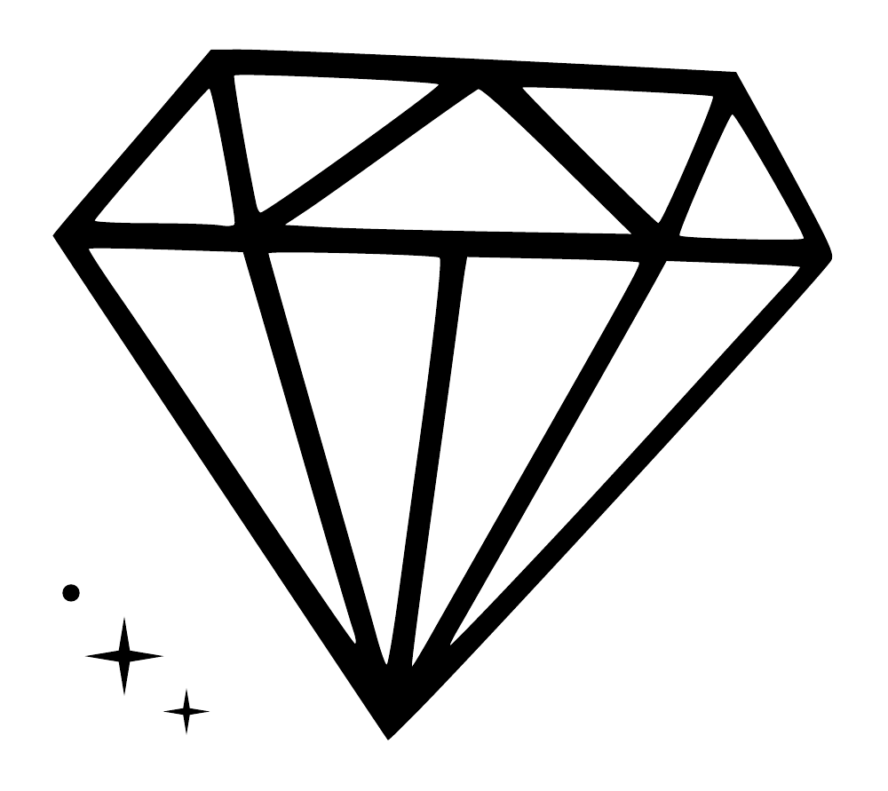 Geometric diamond outline with crown facets and small sparkle icons, close-up