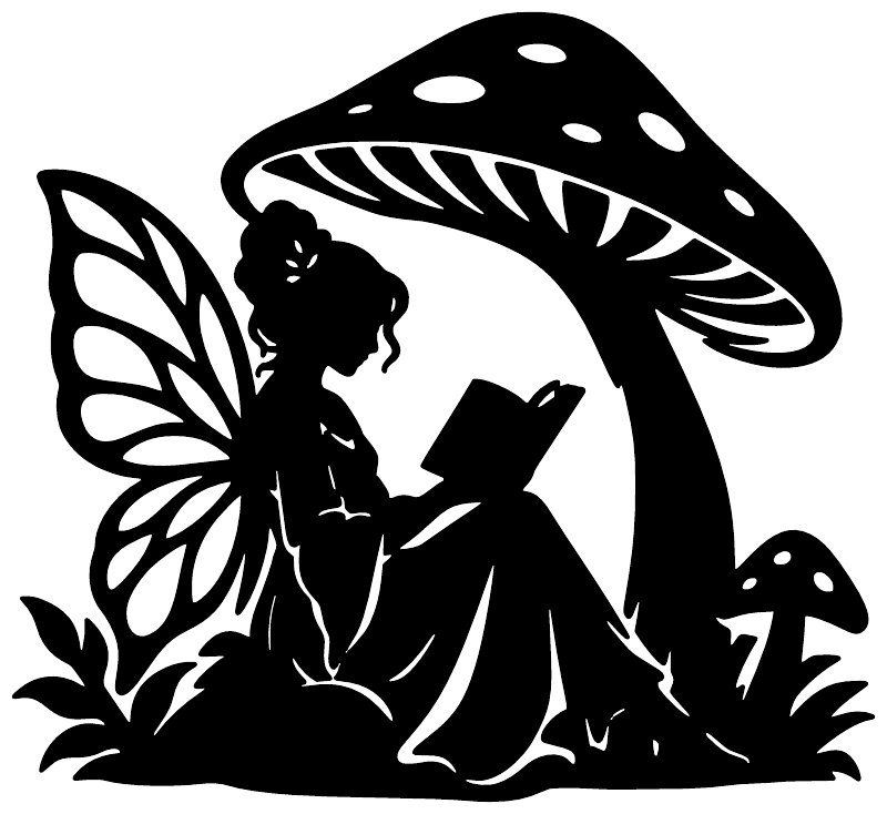 Black vinyl book nook decal of a fairy reading under a large spotted mushroom.