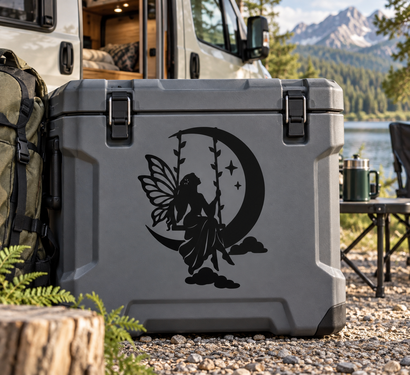 Black fairy vinyl decal with moon, stars, and clouds on a dark cooler