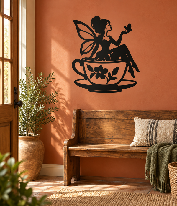 Teacup fairy vinyl decal, black silhouette of fairy in teacup with floral accents