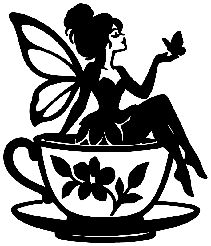 Teacup fairy vinyl decal close-up, black fairy holding bouquet over teacup