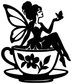 Teacup fairy vinyl decal close-up, black fairy holding bouquet over teacup