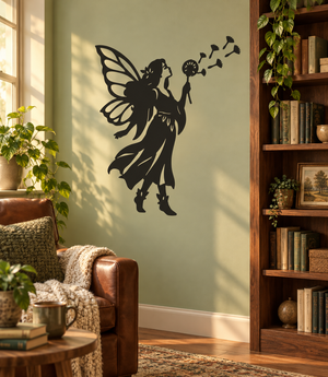 Dandelion wish keeper fairy vinyl wall decal, black silhouette with wand and sparkles