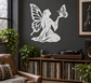 Butterfly fairy vinyl decal, white silhouette with two raised wings and bow pose