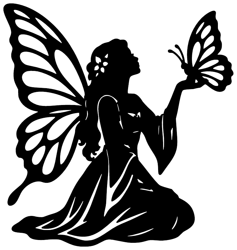 Butterfly fairy vinyl decal close-up, black silhouette with large wings and curving skirt