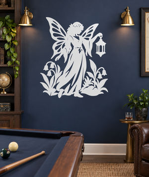 White vinyl garden fairy decal with lantern, wings, and floral vines