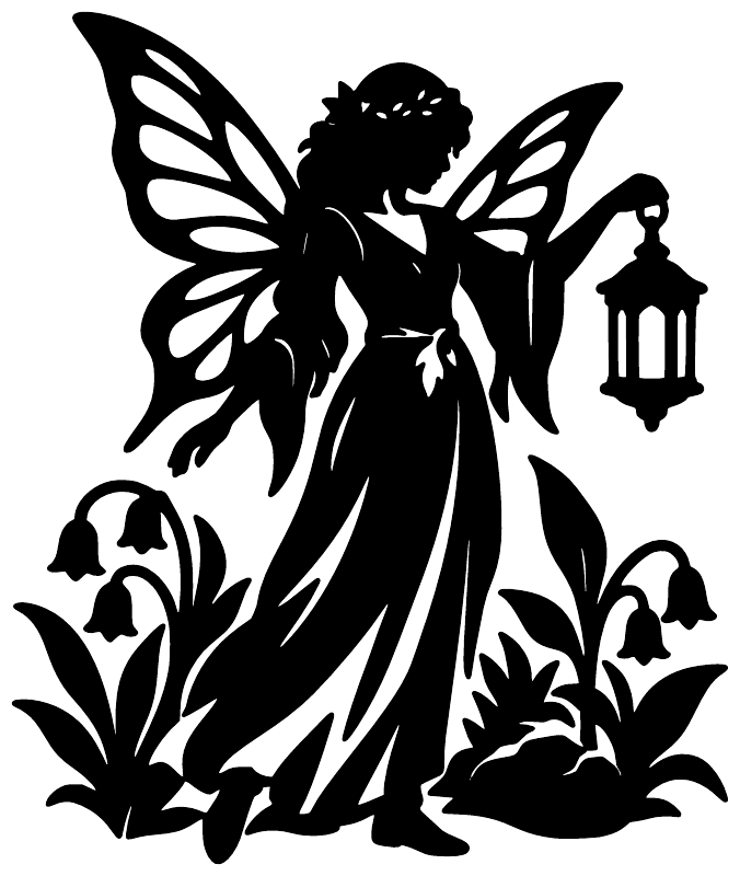 Black vinyl garden fairy decal silhouette with lantern, wings, and flowers