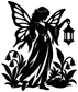 Black vinyl garden fairy decal silhouette with lantern, wings, and flowers