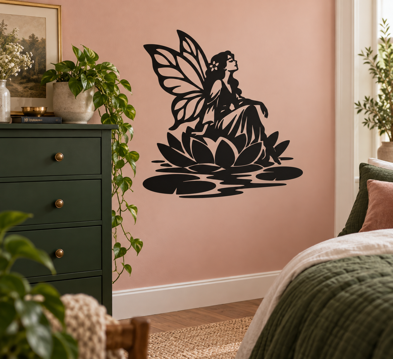 Water lily fairy vinyl wall decal in black silhouette with butterfly wings and lotus over water