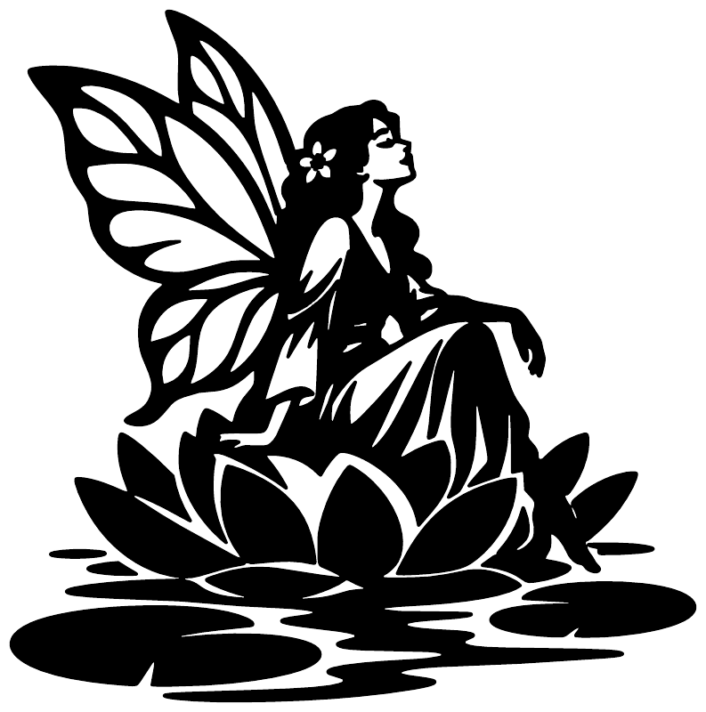 Water lily fairy vinyl wall decal, black silhouette with butterfly wings and lotus