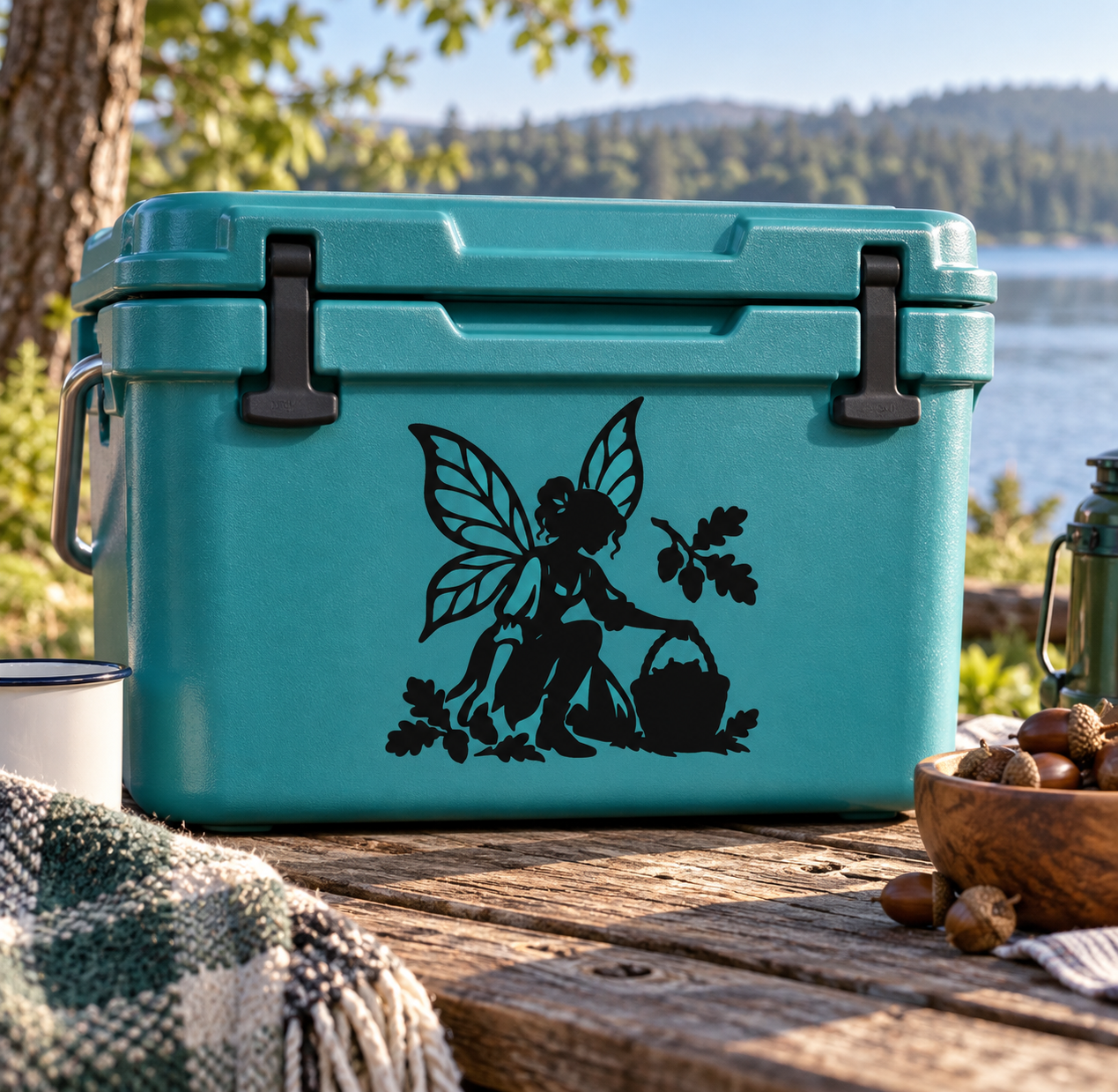 Teal cooler with black fairy forager vinyl decal silhouette