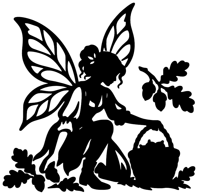 Black fairy forager vinyl decal silhouette with wings and leaves on white