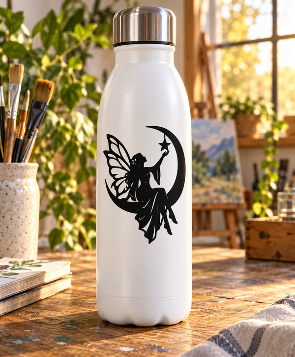 Fairy vinyl decal with crescent moon and star, black silhouette on white bottle