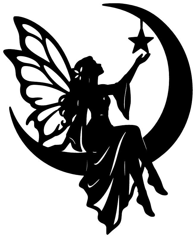 Black fairy silhouette vinyl decal on crescent moon with star