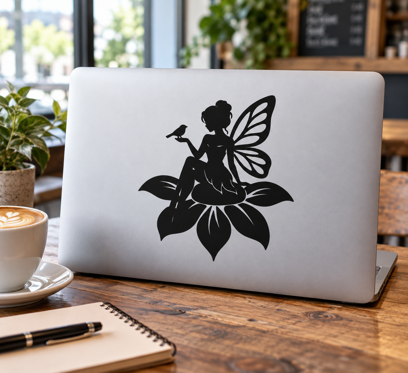 Black fairy vinyl decal with wings and wand on a laptop lid