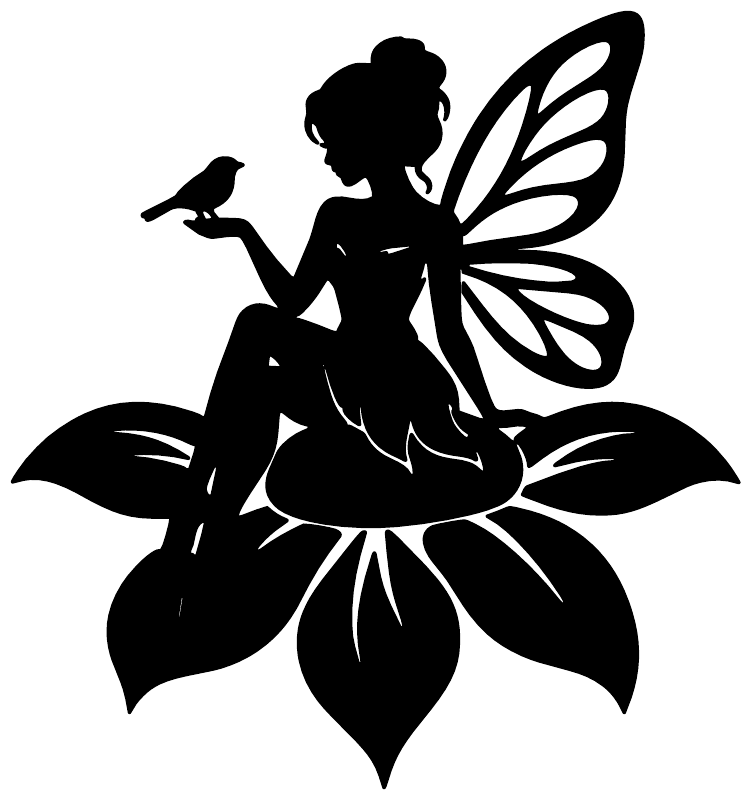 Black fairy vinyl decal silhouette with wings and flower-like leaves