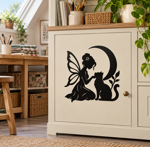 Black vinyl fairy and cat decal with moon and floral accents on a cabinet door
