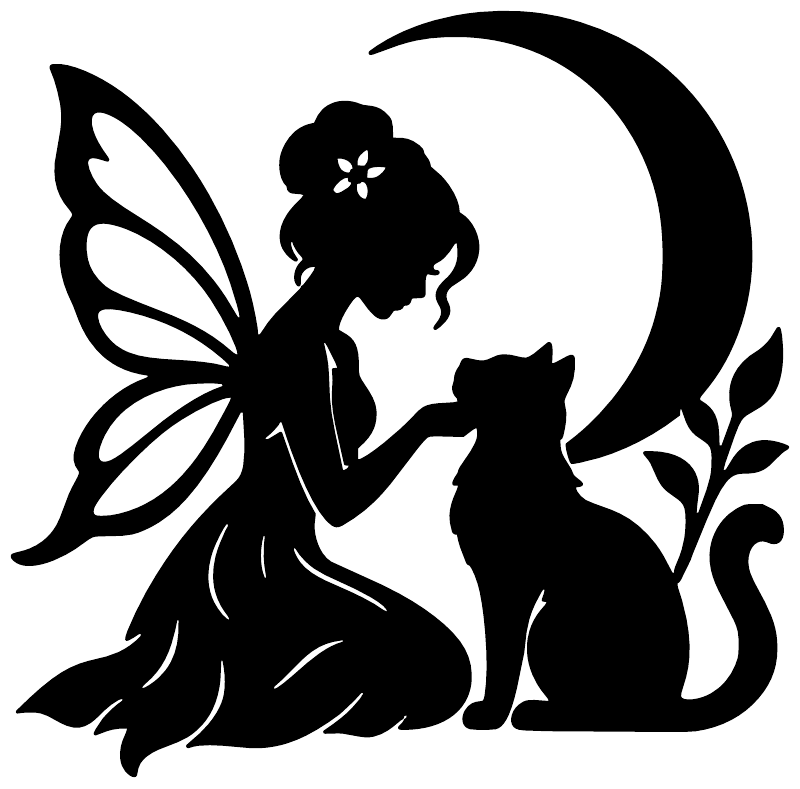 Black fairy and cat vinyl decal silhouette with moon, wings, and leaf details