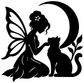 Black fairy and cat vinyl decal silhouette with moon, wings, and leaf details