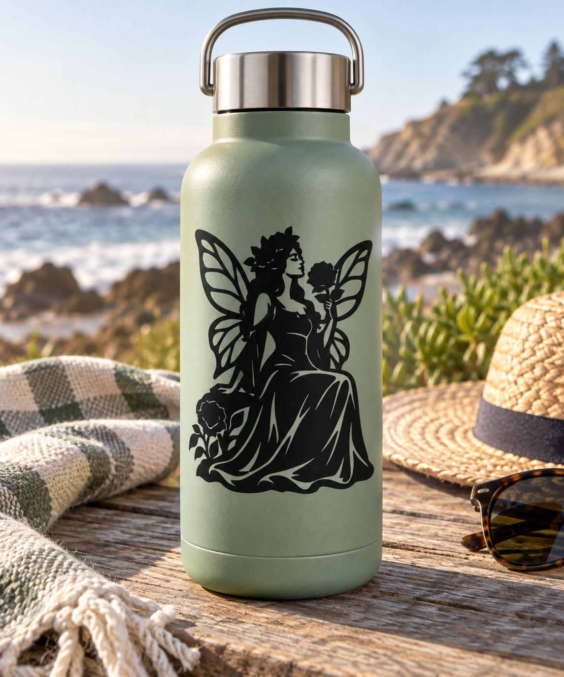 Green bottle with black fairy portrait vinyl decal, rose crown and wings