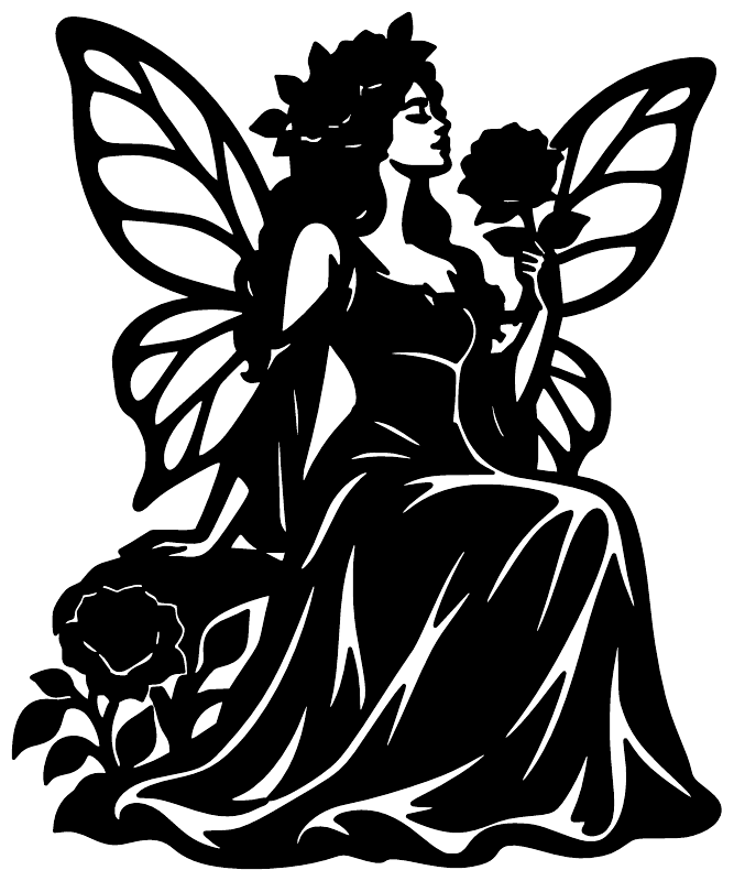 Black fairy silhouette vinyl decal with rose crown, wings, and flower accents