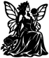 Black fairy silhouette vinyl decal with rose crown, wings, and flower accents