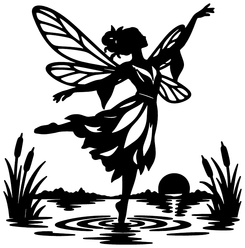 Dragonfly fairy vinyl decal silhouette, black design of winged figure over water