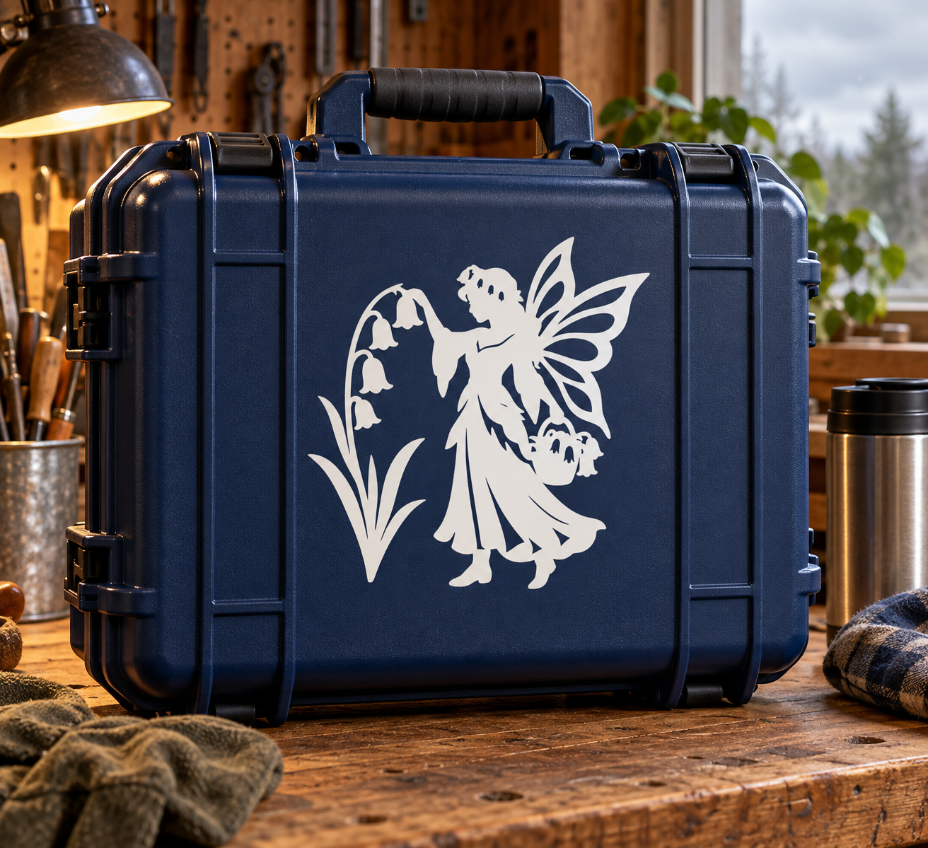 White fairy silhouette vinyl decal on dark blue hard case suitcase