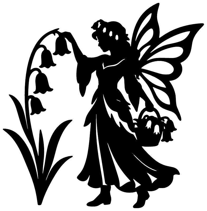 Black fairy silhouette vinyl decal with winged fairy and flower accents