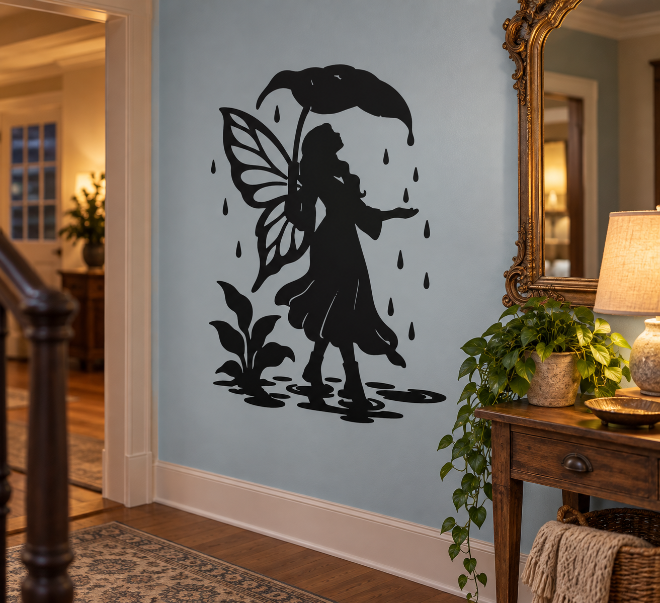 Leaf umbrella rain vinyl decal: black fairy silhouette with raindrops
