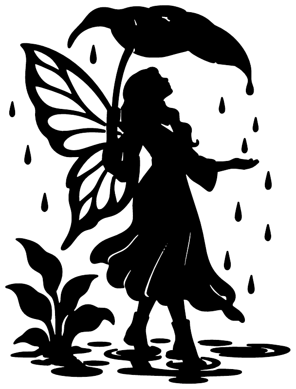 Black fairy silhouette rain vinyl decal with leaf umbrella and raindrops